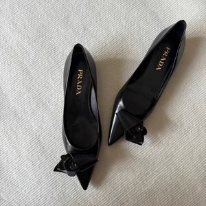 Prada Black Patent Pointed Toe Pumps with Bow Accent
